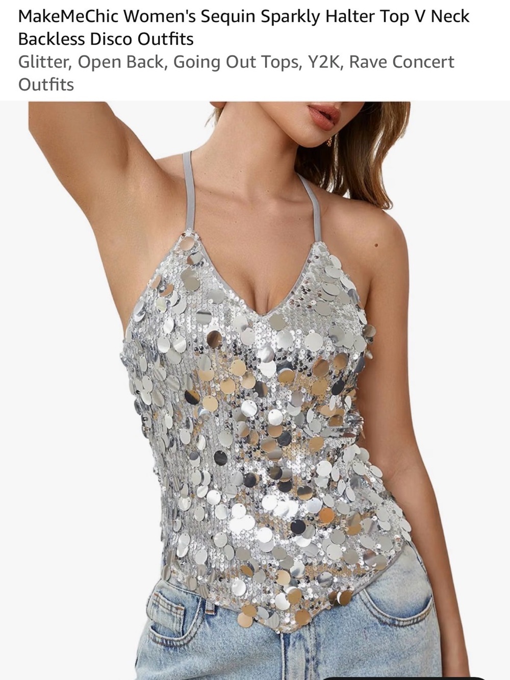 MakeMeChic Silver Sequin Halter Top Size S V Neck Backless Tie Back